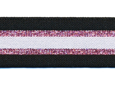 Elastiek gestreept 30mm zwart/roze/wit